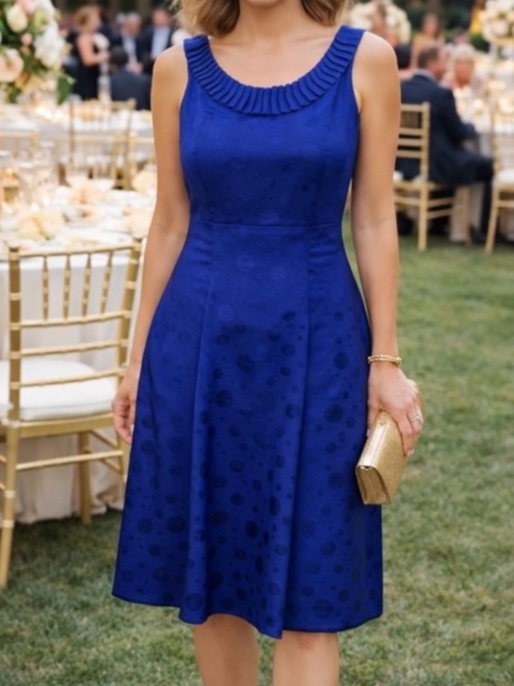 Maggy London Petite 10P Cobalt Blue Jacquard Polka Dot Fit & Flare Dress